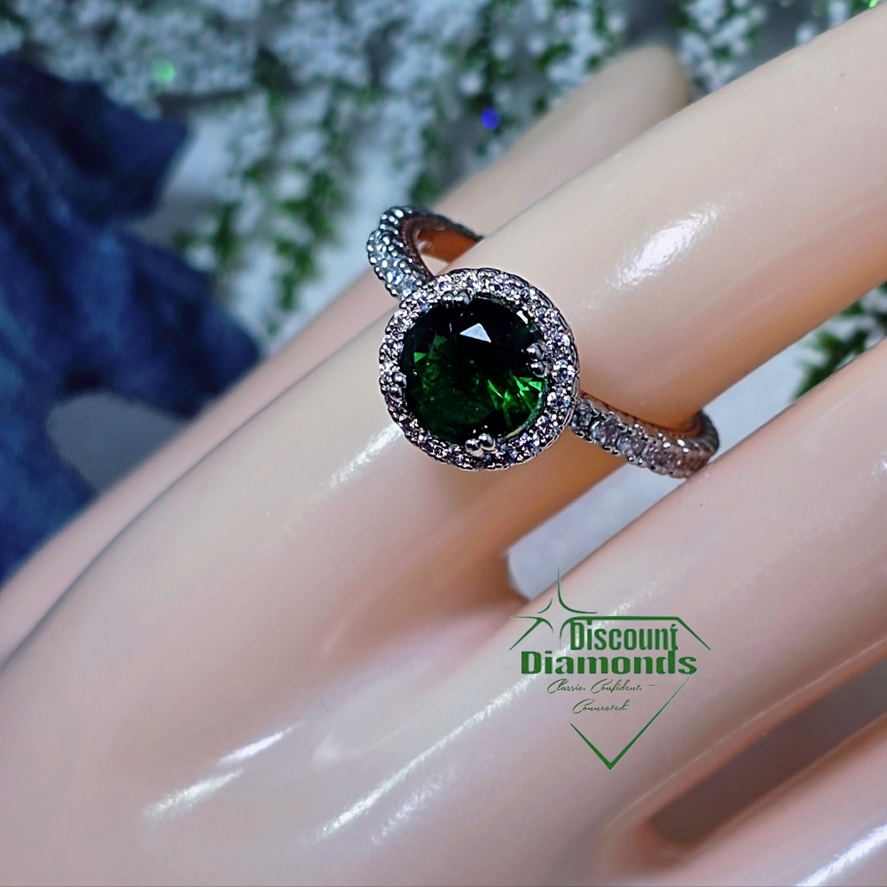 Round Cut Halo Emerald & White Baguette Diamond 14K Rose Gold on 925 Silver - Picture 4 of 9
